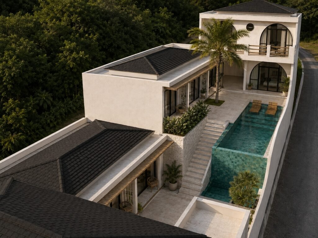 Architectural overview showing the turquoise lap pool multi level suites and lush surroundings at Padang Nest Padang Padang