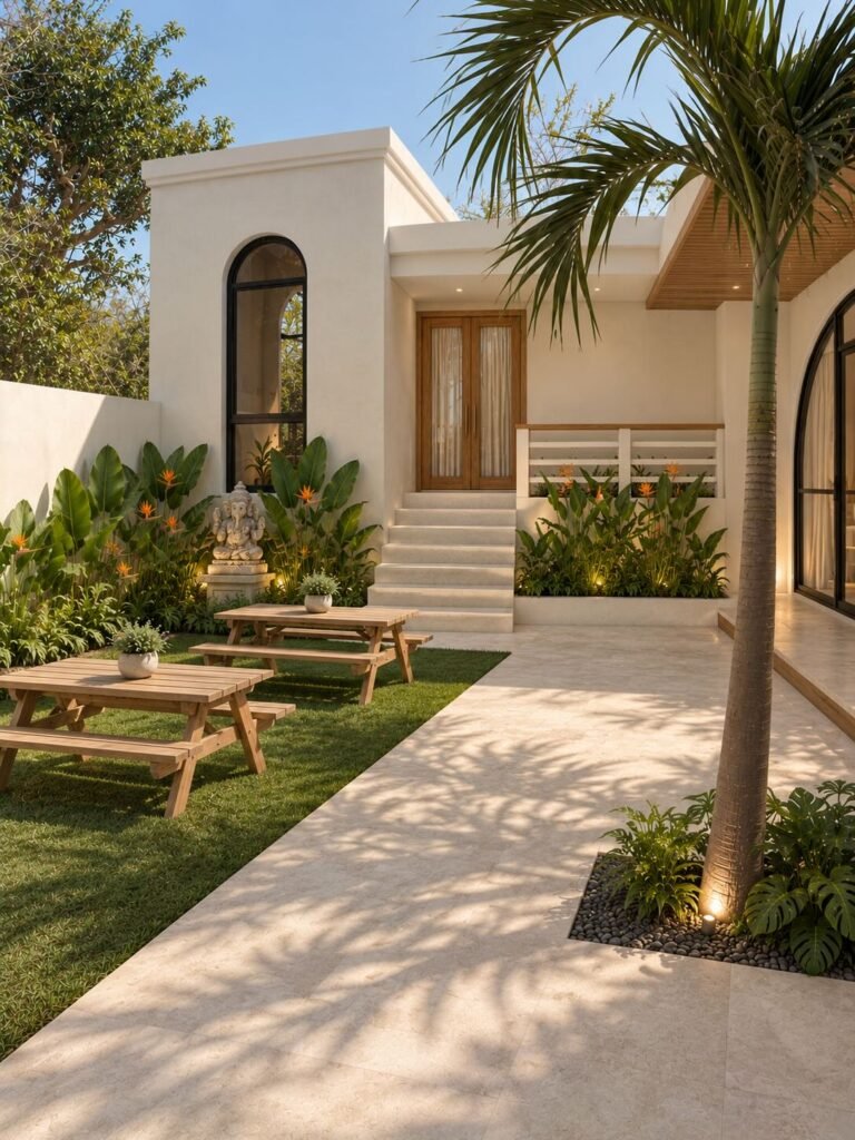 unlit garden courtyard with wooden picnic tables and tropical palm tree at Padang Nest Uluwatu