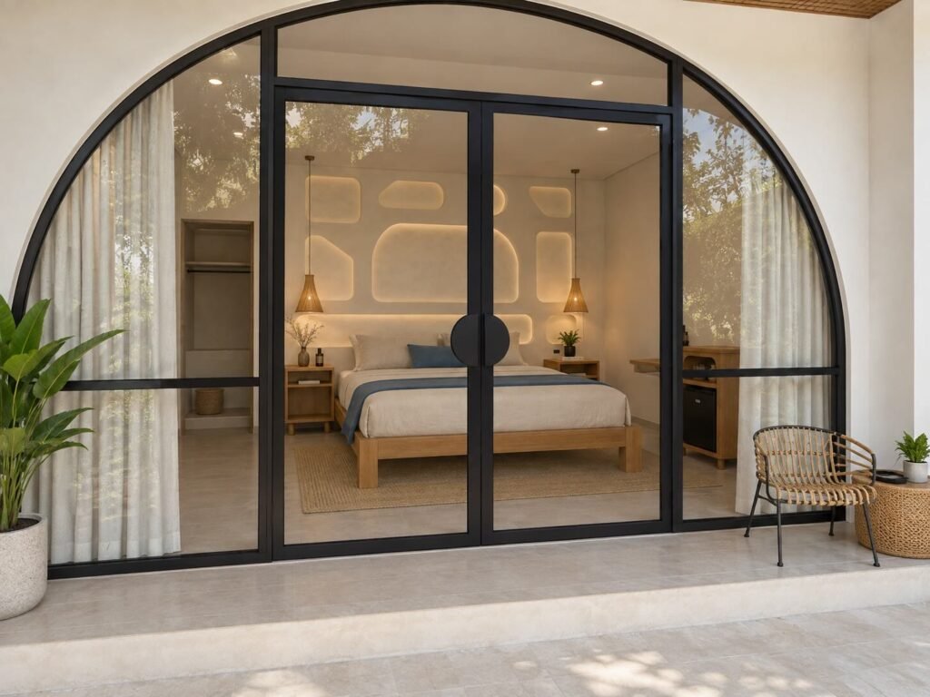Double bedroom with king bed viewed through black arched glass doors at Padang Nest Uluwatu