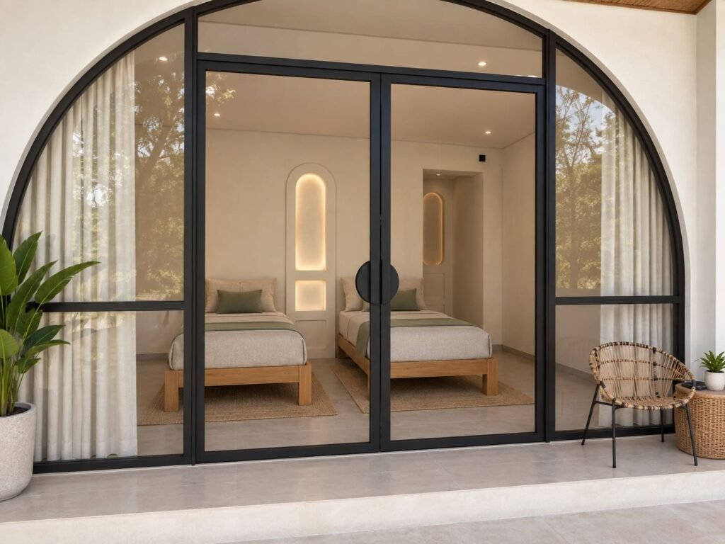 Twin bedroom with two single beds viewed through black arched glass doors at Padang Nest Padang Padang